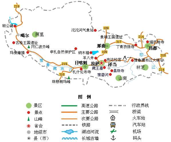西藏旅游景点分布图
